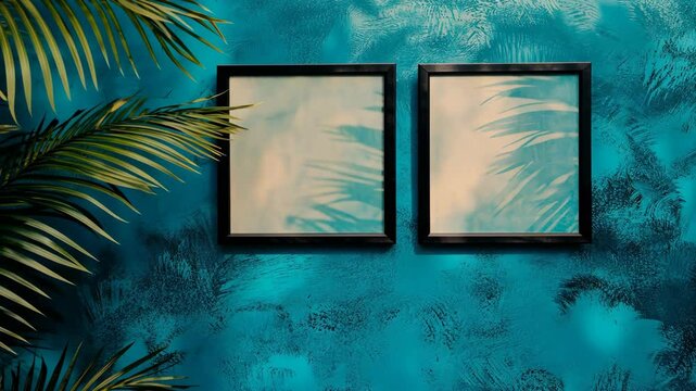 Decorative wall with empty frames and palm leaves in a vibrant blue setting