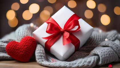 A gift with red polka dots and a red bow, a white heart, and a gray knitted blanket