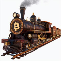 Naklejka premium Vintage Steam Locomotive with Bitcoin Symbol, Illustrating Cryptocurrency and Transportation Fusion Concept