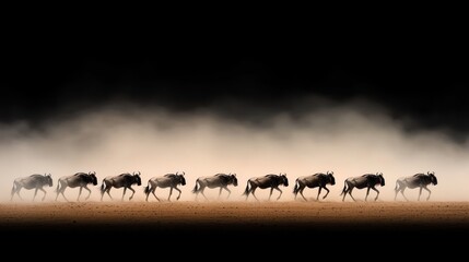 Fototapeta premium Silhouette herd of wildebeests during the great annual across the African savanna and grasslands Seasonal wildlife movement and adventure in the natural ecosystem
