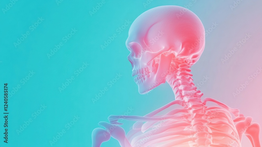 Poster human skeletal structure with translucent appearance against a blue and pink gradient background for