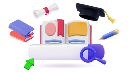 3D open book with a search bar, a graduate hat, pencil, and diploma Study or Search for book or literature concept