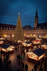 A festive Christmas market square is bustling with people and decorated stalls. Bright lights and a tall Christmas tree illuminate the scene