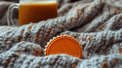 cozy blanket with soda cap and warm drink in background creates comforting atmosphere. soft texture and warm colors evoke feelings of relaxation and comfort