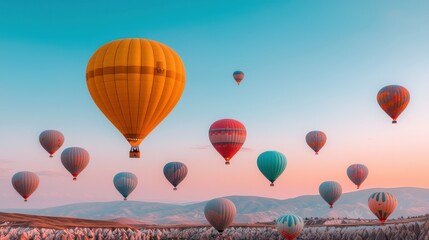 Obraz premium Spectacular aerial view of a massive hot air balloon festival with dozens of colorful balloons soaring over a picturesque countryside landscape at sunrise or sunset
