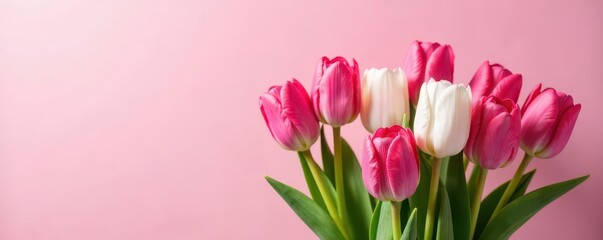 Obraz premium Tulip bouquet with pink and white tulip stems, bloom, pink