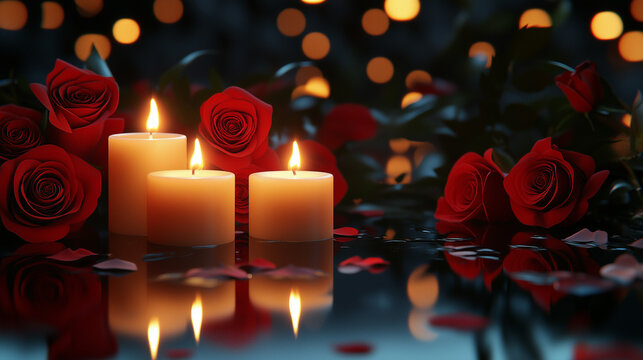 The image showcases a solemn scene with lit candles and red roses on a dark backdrop, designed as a mourning picture with room for a message.
