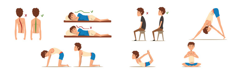 Teen Boy Doing Exercise with Correct and Wrong Spine Posture Vector Set