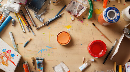 vibrant craft table filled with art supplies, paint tubes, brushes, and colorful splatters creates inspiring workspace for creativity
