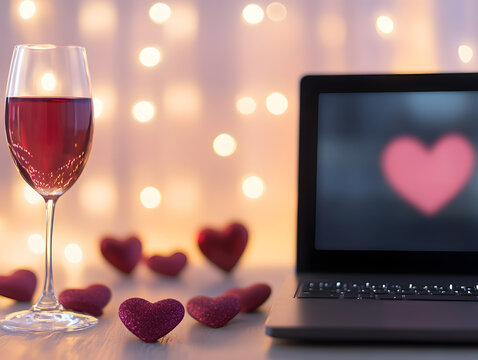 romantic virtual date setup featuring glass of red wine, laptop displaying heart, and decorative heart shaped items. soft bokeh lights create warm atmosphere - Powered by Adobe