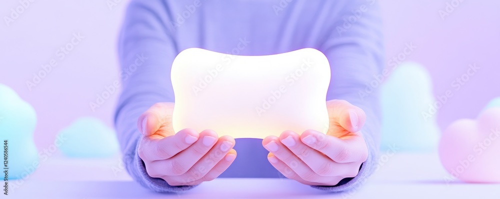 Poster soft glowing light in hands with pastel clouds in background showcasing modern design and calming am