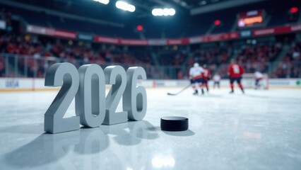 2026, puck and hockey player in the background