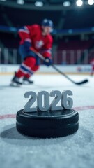 2026, numbers 2026 on the puck, hockey player in the background