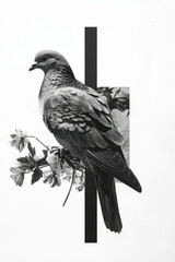Fototapeta premium Minimalist collage featuring a pigeon on a rooftop with floral geometric accents