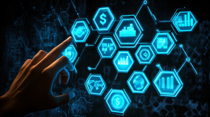Technology interface displaying data analytics and finance metrics during a digital presentation at a tech conference