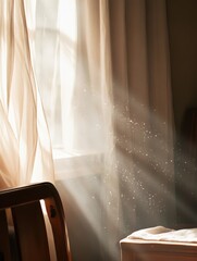Sunlight streaming through curtains revealing indoor dust particles that trigger allergies
