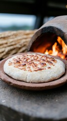 Roman clay oven with freshly baked bread and ceremonial wheat for Fornacalia feast