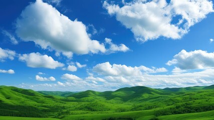 Vast green hills under a bright blue sky with fluffy white clouds