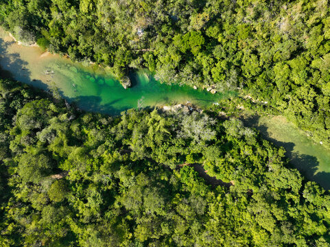 Aerial view of lush tropical rainforest with a serpentine river, Boca da Onca, Bodoquena, Mato Grosso do Sul, Brazil.