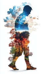 Man Walking in Nature with Abstract Overlay of Colorful Trees and Clouds for Creative Imagery