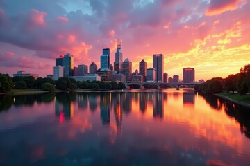 Obraz premium Golden hour Detroit skyline reflected in river, cityscape panorama, skyline, downtown