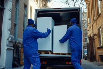 Efficient delivery men in blue uniforms are moving appliances into a truck, 