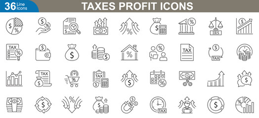 Taxes and profit outline icons set. Vector illustration featuring financial, accounting, business, investment, revenue, taxation, income, expense, and more.