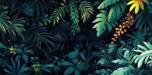 Fototapeta premium Lush Tropical Foliage Abundant Green Leaves and Flowers