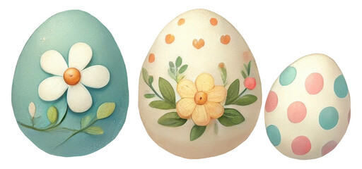 Decoratively painted Easter eggs featuring floral and polka dot designs in pastel colors.