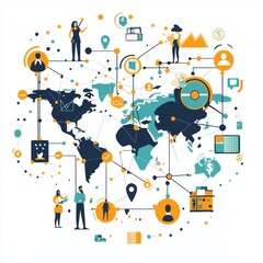 Global Communication and Networking Concept with People, Icons, and Map Representation for Digital Connections