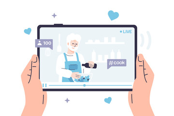 Vector illustration of a person watching a video recipe on a tablet, where an elderly man food blogger is framing a salad. Hands are holding a tablet on which a video on a culinary topic is playing
