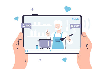 Vector illustration of a person watching a video recipe on a tablet, where an elderly man food blogger is cooking soup. Hands are holding a tablet on which a video on a culinary topic is playing