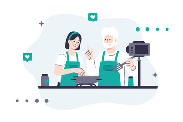 Vector illustration of a food blogger shooting a cooking video. A man and a woman in aprons cook using a frying pan while streaming content. Use for blogs, social media, and food-related content
