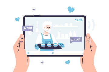 Vector illustration of a person watches a video recipe on a tablet where an elderly man food blogger is making muffins. Hands are holding a tablet on which a video on a culinary topic is playing