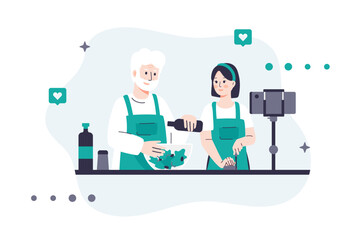 Vector illustration of a food blogger shooting a cooking video. An elderly man and a woman in aprons prepare a salad while streaming content. Use for blogs, social media, and food-related content
