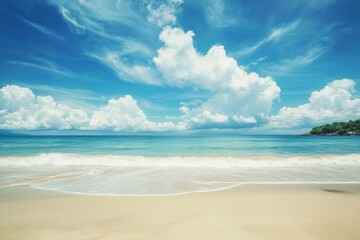 Obraz premium Breathtaking beach with white sand and turquoise water during a sunny day filled with fluffy clouds. Generative AI
