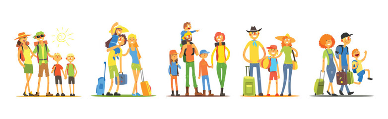 Happy Family with Kids Travel on Vacation Vector Set