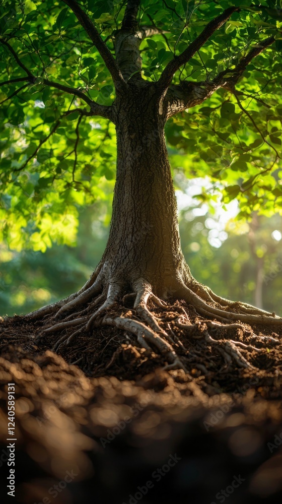 Poster a grand tree stands tall as its intricate roots intertwine with the earth, illuminated by gentle sun