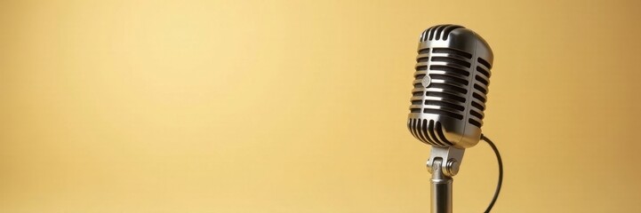Retro microphone, beige background Classic audio equipment , communication, sound, pastel