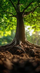A grand tree stands tall as its intricate roots intertwine with the earth, illuminated by gentle sunlight filtering through lush foliage. This serene forest moment captures nature's beauty