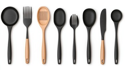 Fototapeta premium Premium Non Stick Kitchenware Set with Detailed Arrangement on Wooden Background Cooking Utensils and Tools Displayed in Minimalist Modern Style for Culinary and Lifestyle Concepts