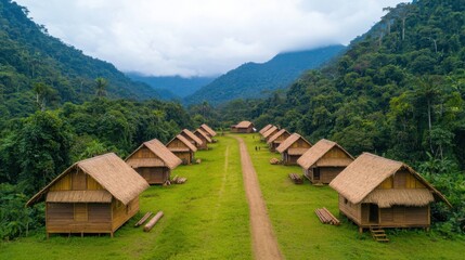 Obraz premium Nestled amidst a verdant lush tropical forest this traditional eco tourism camp offers rustic yet comfortable cabins for adventurous travelers seeking a remote tranquil escape The cabins