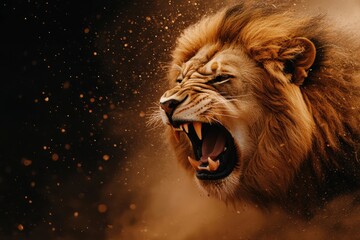 Naklejka premium Powerful majestic lion roaring fiercely its mane billowing in the dusty savannah air This dramatic close up portrait captures the raw intensity and primal energy of the king of the wild