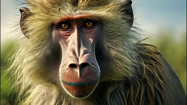 Majestic baboon portrait showcasing intricate facial features in its natural habitat during golden hour