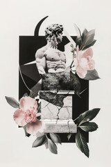 Collage of a cracked pedestal and sculpted figure surrounded by flowers and geometric shapes