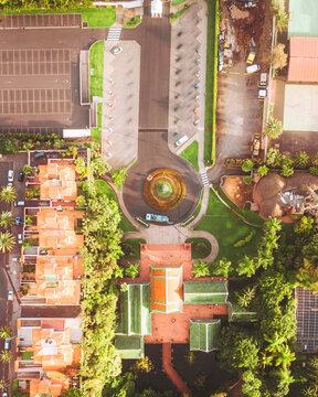 Aerial view of vibrant Loro Parque with lush greenery, modern buildings, and exotic palm trees, Puerto la Cruz, Spain.