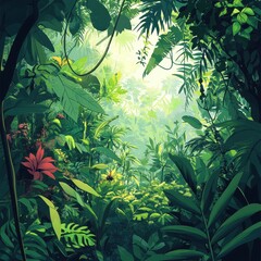 Obraz premium Lush Tropical Rainforest Canopy Sunlight Dappled Green Leaves