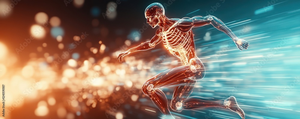 Poster dynamic human anatomy in motion with glowing skeleton and energetic background visualizing speed and