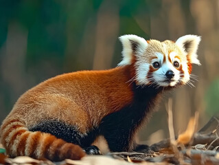 Obraz premium Close-up View of a Rare Red Panda Exploring Its Natural Habitat Amid Lush Greenery During Daylight Hours