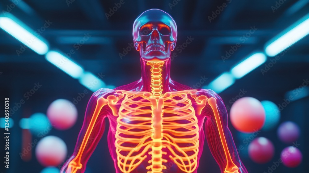 Poster realistic 3d anatomical skeleton model with colorful emphasis on bones and muscles in futuristic lab